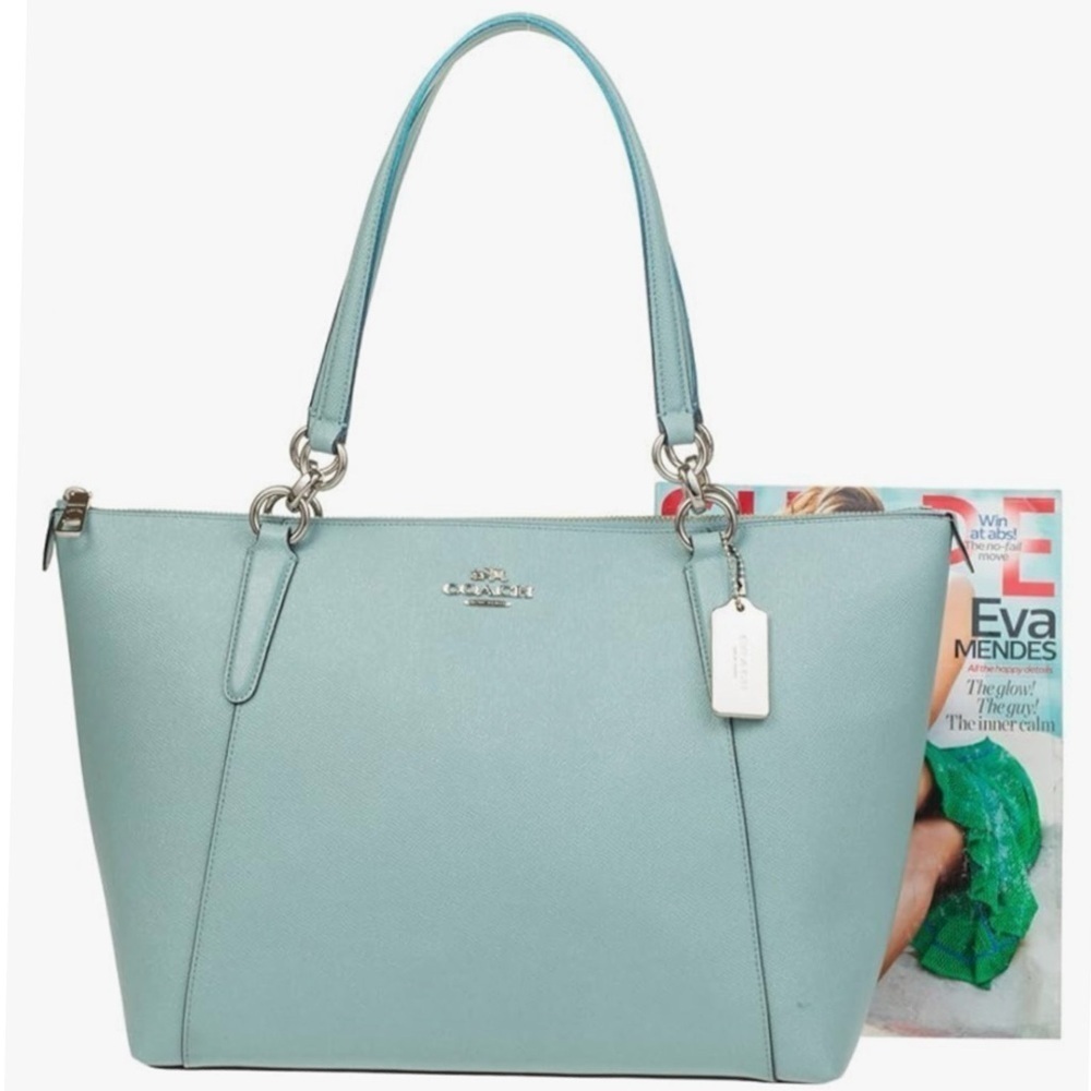 COACH AVA TOTE BAG IN GLITTER AQUA BLUE LEATHER F11900 AND F11835 WALLET SET - Picture 3 of 16